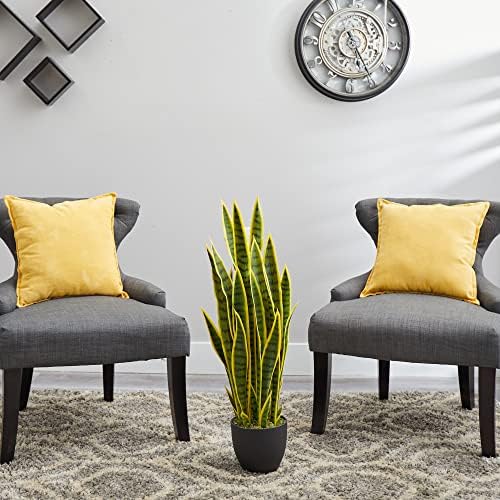 Nearly Natural 33” Sansevieria Artificial Silk Plants Green | 35 Variegated Leaves, Handcrafted Materials, Black Decorative Planter