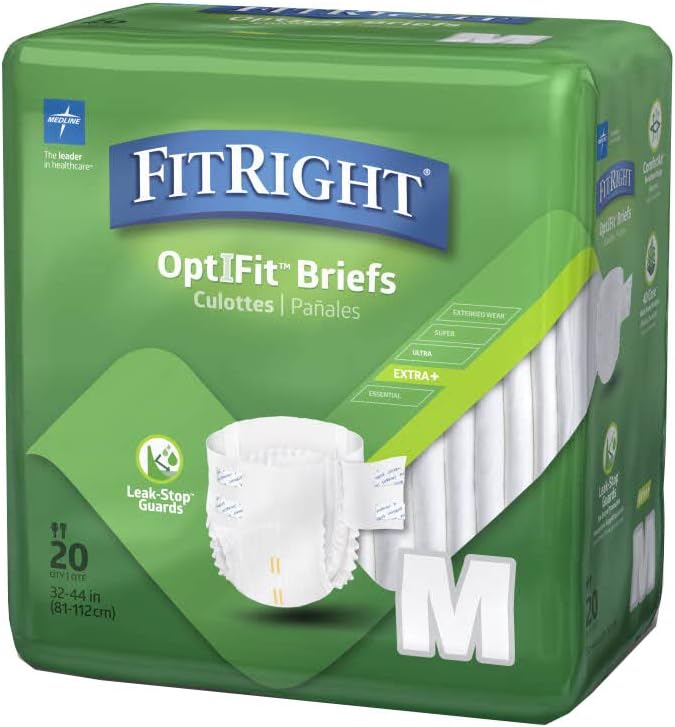 FitRight Adult Diapers, Extra+ Heavy Absorbency, M (Waist Size 32in-44in), 80 Count, OptiFit Incontinence Briefs for Men and Women, Disposable, Moisture-Wicking, Leak Protection,