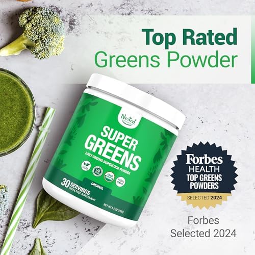 Nested Naturals Super Greens Daily Superfood Powder - Certified USDA Organic Green Powder w/20+ Whole Foods, Spirulina Powder,Wheat & Barley Grass - Probiotics, Fiber & Enzymes - Original Flavour, 30