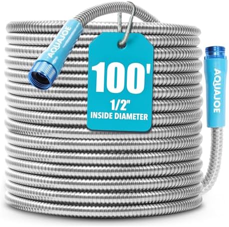 Aqua Joe 50-Foot Heavy Duty Garden Hose, Spiral 304 Stainless Steel Metal Hose, Puncture Proof, 1/2 Inch Diameter with Aluminum Fittings, AJSGH50