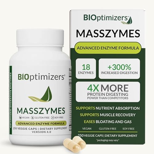 BiOptimizers MassZymes - Complete Digestive Enzymes Supplement for Gut Health - Bloating Relief for Men and Women - Lipase Amylase Bromelain Digestive Enzymes (250 Capsules)