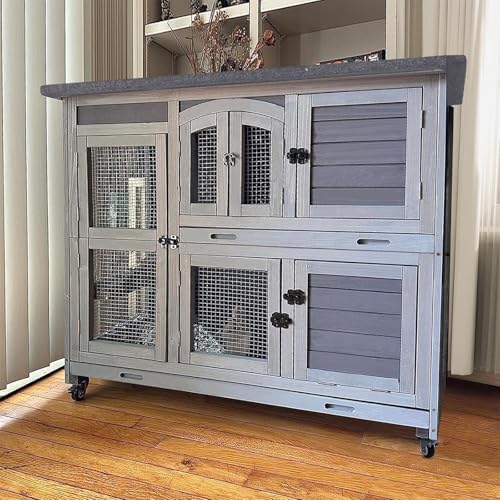 GUTINNEEN Rabbit Hutch Indoor Outdoor Bunny House Guinea Pig Cage on Wheel with Plastic Tray