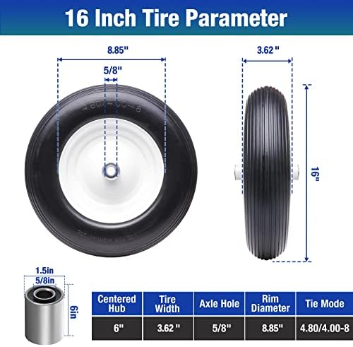 16" 4.80/4.00-8 Flat Free Solid Polyurethane Tire and Wheel with 2Pcs 3/4" Bearing, 1 Pack PU Airless Tires with 5/8" Ball Bearings 6" Iron Hub for Hand Truck/Tool Cart/Garden Carts, 1 Pc