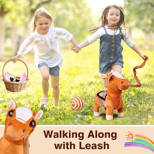 Marsjoy Walking Pony Toy Musical Singing Dancing Plush Interactive Pony Walk Along Horse with Leash Plush Stuffed Animal Shaking Head Buttocks Toy