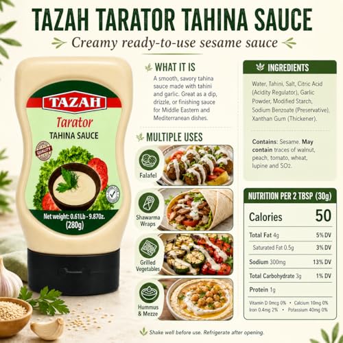 TAZAH Lebanese Tahini Sauce, 9.87 OZ Squeezable Bottle, Tarator Sesame Dressing & Dip for Shawarma, Falafel, Fish, Vegetables