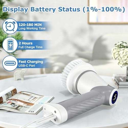 DAESUNG Electric Spin Scrubber, Cordless Power Scrubber & Electric Cleaning Brush with 7 Replaceable Heads, Dual Speed IPX7 Waterproof Handheld Scrubber for Bathroom, Shower & Tile Cleaning