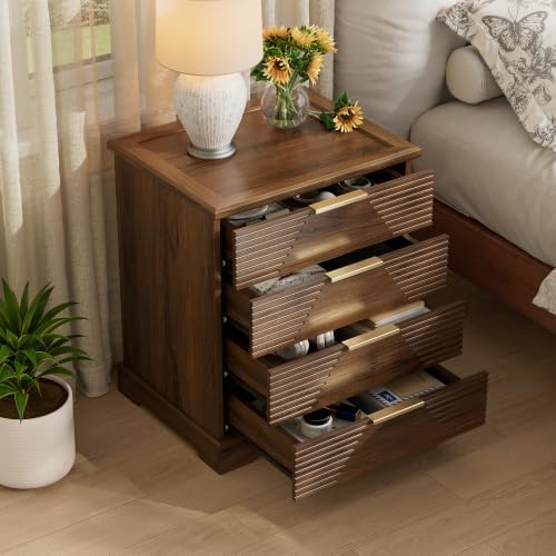 Gyfimoie Tall Nightstand with 4 Drawers Walnut Fluted Bedside Table | Stylish Fluted Design, Rich Walnut Finish, Gold Bar Pulls