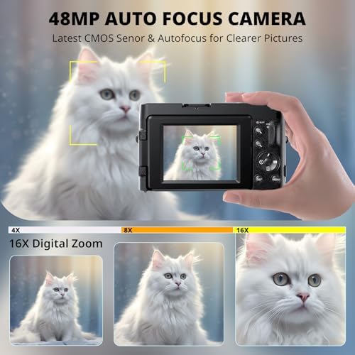 4K Digital Camera for Photography Autofocus, 2026 Latest 48MP Vlogging Camera for YouTube with SD Card, 2 Batteries, 3" 180°Flip Screen Compact Travel Camera for Teens with 16X Zoom,Black