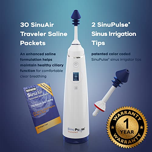 SinuPulse Traveler with 30 Sinuair Packets - Cordless Pulsating Nasal Irrigation Sinus Rinse System, Space Saving Cleaner & Relief Machine for Travel