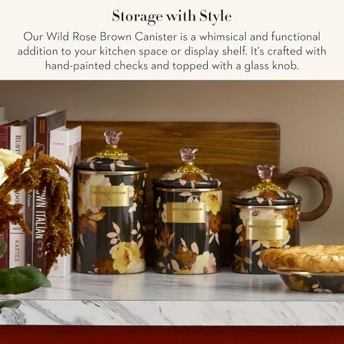 MACKENZIE-CHILDS Enamel Canister, Medium, White Butterfly Garden | Hand-applied design, made from enameled steel, versatile kitchen storage container for flour and sugar, 48-ounce capacity