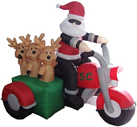6 Foot Long Inflatable Santa Claus and 3 Reindeers in a Motorcycle | Outdoor Yard Blow-Up Holiday Decoration, Built-in Lights, Self-Inflating