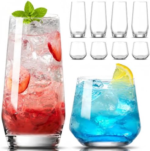 Mfacoy Drinking Glasses Set of 8-4 Tall Glass Cups 18 oz & 4 Short Stemless Wine Glasses 13 oz, Highball Glasses, Glassware Sets for Cocktail, Beer