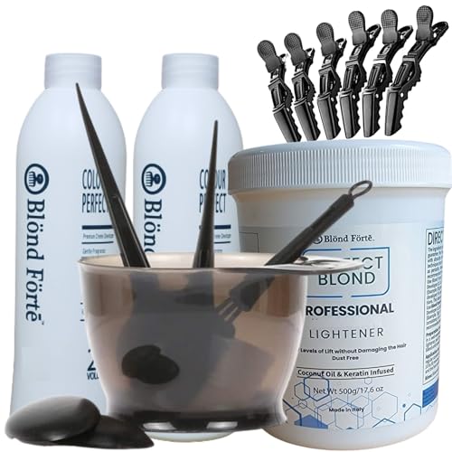 Perfect Blonde Hair Bleach Toner Lightener Powder Lightening Kit 30 Volume 800 ml Developer & Brush & Gloves - Made in Italy by Blond Forte