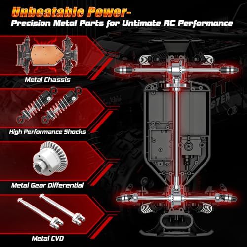 1:16 Scale All Terrain Fast RC Cars for Adults 40KPH, 4WD Electric Off-Road Remote Control Monster Truck with Metal Chassis, 2.4Ghz High Speed Car, Waterproof RC Truck with 2 Batteries for Boys & Kids