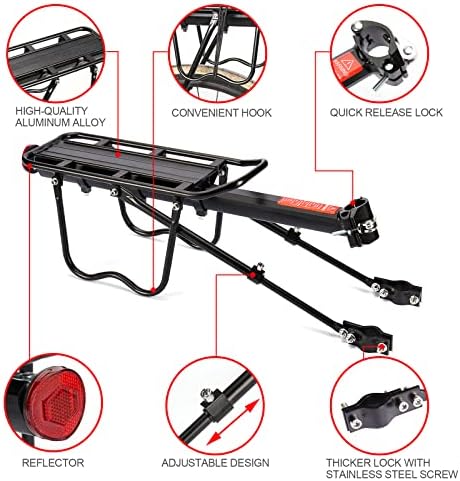 HOMEE Rear Bike Rack, Bike Cargo Racks Frame for 26"-29" Frames | Aluminum Alloy Universal Adjustable Cycling Equipment Stand Footstock Bicycle Luggage Carrier with Tools and Reflector