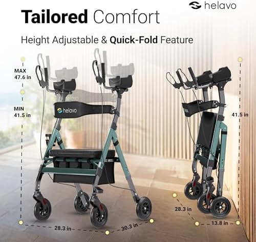 Helavo 28.3" Extra Wide Bariatric Upright Walker, 500 lbs Capacity | All Terrain Tall Standing Rollator, Padded Armrests, Height Adjustable