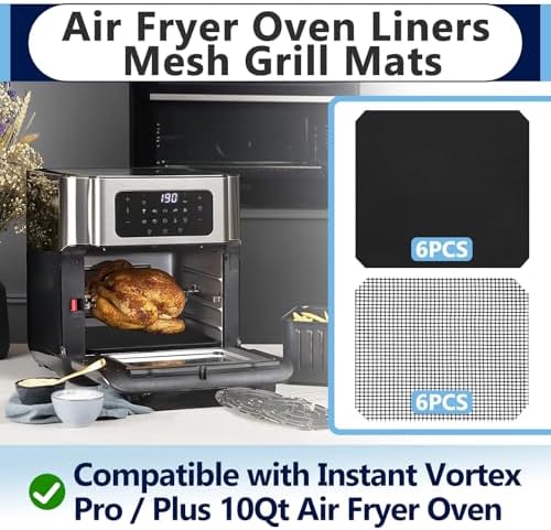 6Pcs 9×10 inch Fryer Oven Liners and 6Pcs Mesh Grill Mats for Instant Vortex Pro Plus 10QT, Non-Stick Oven Liner and Mesh Grill Mats for Toaster, Oven, Microwave