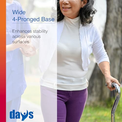 Days Quad Cane with Wide Base – Adjustable Walking Cane for Men & Women, Aluminum 4-Prong Walking Stick for Seniors with Slip-Resistant Rubber Tips, Lightweight & Self-Standing Mobility Aid