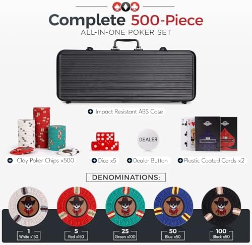 Versa Games 500 Poker Chips, Poker Chip Set - Outlaw, 500 Piece Poker Set with Numbers for Poker