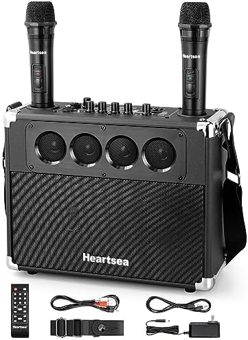 HEARTSEA Portable Karaoke Machine with Wireless Mics, Bluetooth Speaker | 3-Way Sound, TWS Stereo Pairing, Guitar Input, USB/AUX
