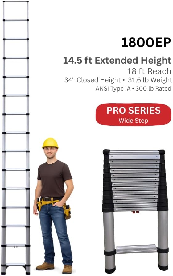 Telesteps 1800EP Pro Series Wide Step Telescoping Extension Ladder – 14.5 ft Height, 18 ft Reach | Type 1A 300 lb Rated
