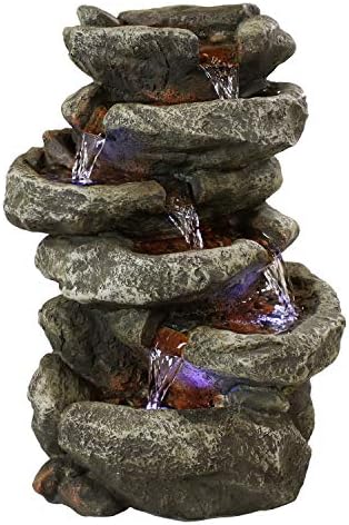 Sunnydaze 15" 6-Tier Tabletop Water Fountain with LED Lights, Stone Falls | Indoor Tabletop Fountain, Calming Sounds