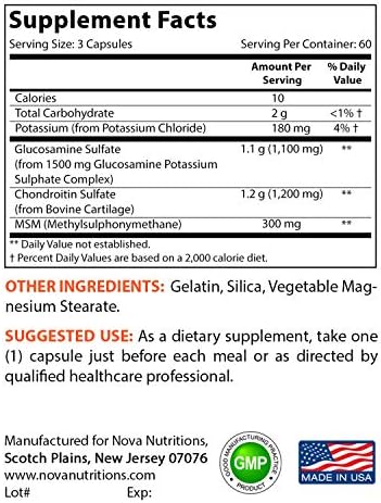 Nova Nutritions Triple Strength Glucosamine Chondroitin MSM 2600mg/Serving Capsules, Supports Healthy Joint