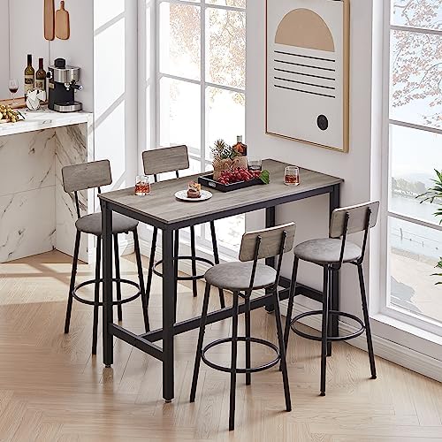 Bar Table Set with 4 Bar stools PU Soft seat with backrest, Grey, 47.24'' L x 23.62'' W x 35.43'' H