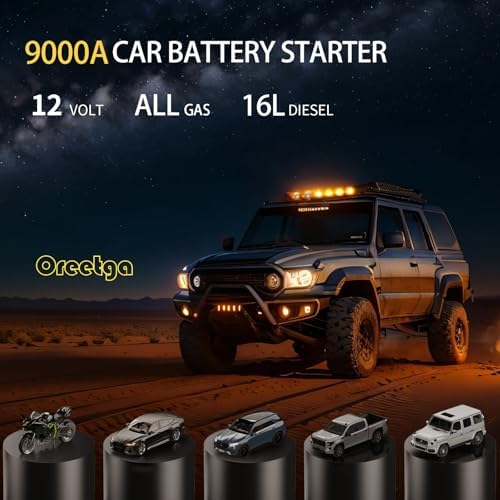 9000A Car Battery Charger Jump Starter with Air Compressor, 150PSI Tire Inflator Air Pump(All Gas/16L Diesel)