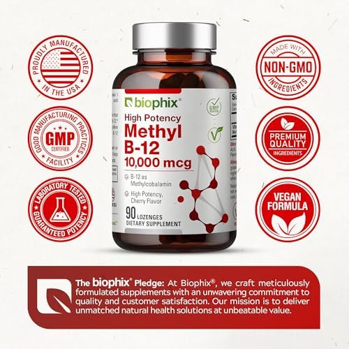 biophix Methyl B-12 10000 mcg 90 Vegan Lozenges Cherry Flavor Extra Strength - Supports Nervous System Immune Health Blood Flow Metabolism Brain