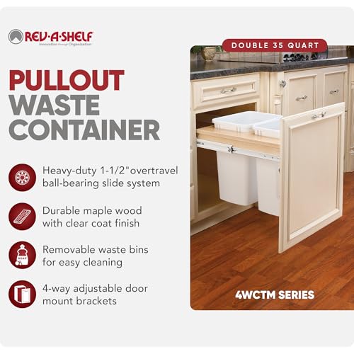 Rev-A-Shelf 35 Qt Top Mount Double Pullout Under Cabinet Kitchen Trash Cans for Base Cabinets, 150 Pound Rated Full-Extension Slides, Min Opening Width of 14.75", White, 4WCTM-18DM2-162