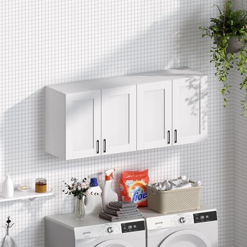White Laundry Room Cabinets and Storage with 4 Doors and Utility Adjustable Shelf，Gabinetes Para Cocina Cupboard Kitchen Organizers and Storage Pantry Wall Mounted 12.4"D x 47.2"W x 19.7"H
