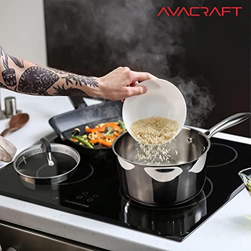 AVACRAFT 2.5 Quart Stainless Steel Saucepan with Glass Strainer Lid | 18/10 Stainless Steel, 5-Ply Capsule Base, Dual Pour Spouts, Induction Compatible, Ergonomic Handle, Dishwasher Safe