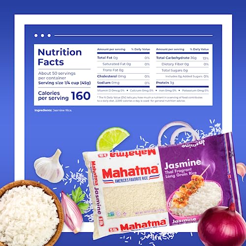 Mahatma Jasmine Rice, Fragrant Thai Rice, 5-Pound Bag | Aromatic rice for stovetop or microwave, quick and easy to cook, gluten-free, vegan, kosher, non-GMO, bulk bag