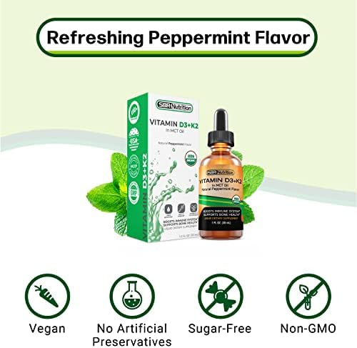 SBR Nutrition MAX Absorption, Vitamin D3 + K2 (MK-7) Liquid Drops with MCT Oil, Peppermint Flavor, Helps Support Strong Bones and Healthy Heart
