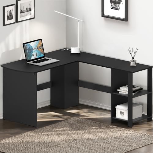 SHW 51 x 51 L-Shaped Home Office Wood Corner Desk with Storage, Espresso | Integrated Book Shelves