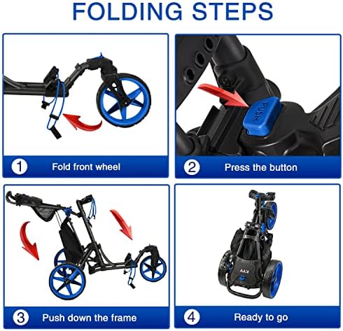 KVV 3 Wheel 360 Rotating Front Wheel Golf Push Cart Open and Close in ONE Second-Free Umbrella Holder Included
