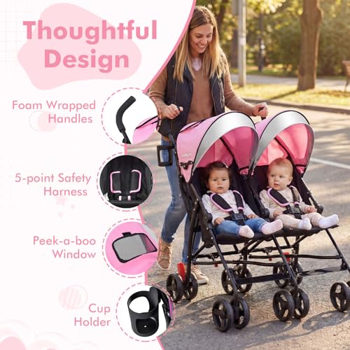 BABY JOY Double Umbrella Stroller, Lightweight Travel Side by Side Twin Stroller with Large Storage, Cup Holder, 5-Point Safety Harness, Adjustable Canopy & Compact Fold for Infant and Toddler (Black)