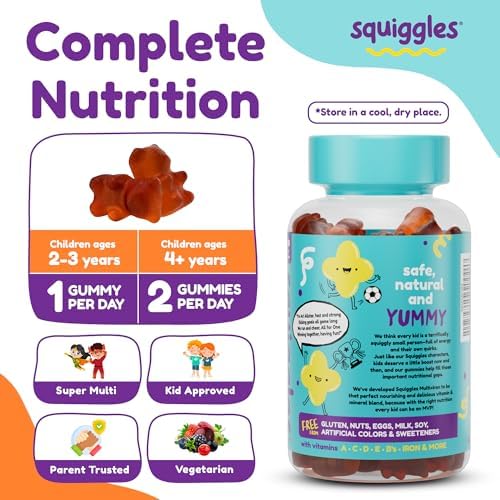 Squiggles Kids Multivitamin + Iron Gummies, Low Sugar Gummy Vitamins, 100ct | Kids Multivitamin with Iron Gummies