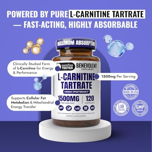 Benevolent L Carnitine Supplement - High Potency 1500mg – 120 Capsules