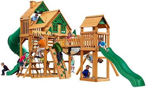 Gorilla Playsets 01-1037-AP Treasure Trove Treehouse Wood Swing Set with Tube Slide, Built-in Sandbox Area, and Clatter Bridge, Amber