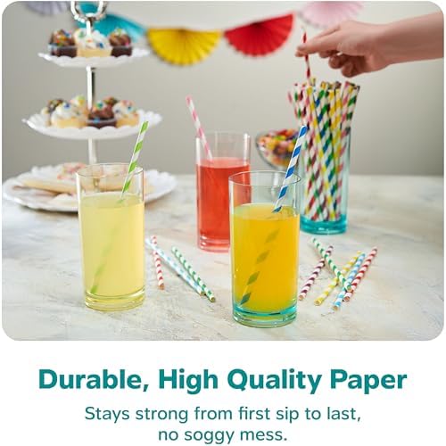GUSTO [200 Pack] light Pink & Gold Paper Straws Disposable, 100% Biodegradable Multi-Pattern Party Straws For Birthday
