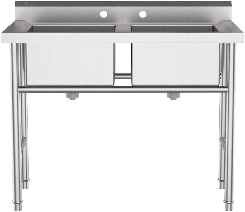 Bonnlo Commercial 304 Stainless Steel Sink 2 Compartment Free Standing Utility Sink for Garage, Restaurant, Kitchen, Laundry Room, Outdoor