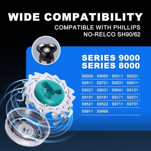 SH90/62 Replacement Shaver Head for Phi-Lips No-relco Series 9000 & 8000 | Fits S8950 S9000 S9311 S9321 S9511 S9531 S9721, Rotary Razor Blade Cutter