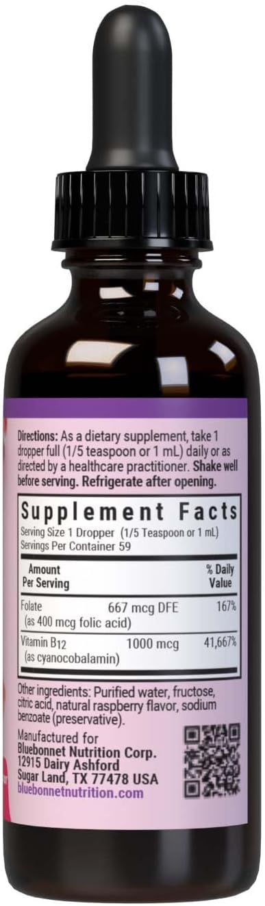 BlueBonnet Nutrition Liquid Vitamin B12 & Folic Acid, 2 fl oz | for Energy Boost; Vegan, Gluten-Free, Soy-Free, Dairy-Free