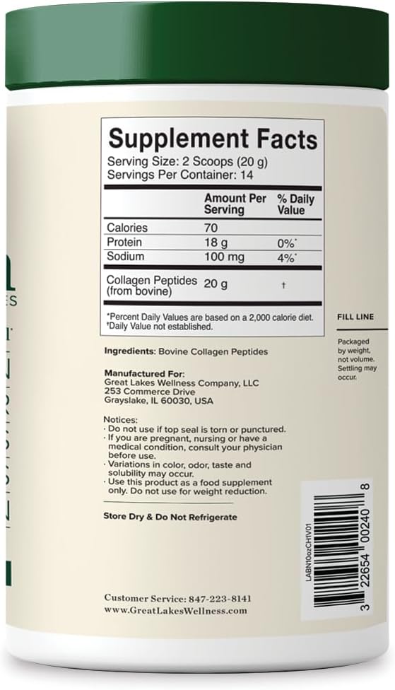 Great Lakes Wellness Collagen Peptides Powder – Supports Skin, Hair, Nails, Joints & Digestion – Hydrolyzed, Non-GMO, Keto & Kosher – Pure Collagen Protein (16 oz, 22 Servings) Packaging may vary