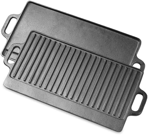 ProSource 2-in-1 Reversible 19.5” x 9” Cast Iron Griddle with Handles, Preseasoned & Non-Stick for Gas Stovetop, Oven and Open Fire.