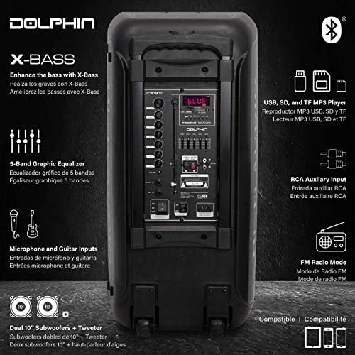 Dolphin Bluetooth Party Speaker with 2 Wireless Mics, Dual 10" Woofers | 1000W Output, SD/FM/USB/AUX/RCA, Guitar & Mic Inputs, Multicolor LED Lights
