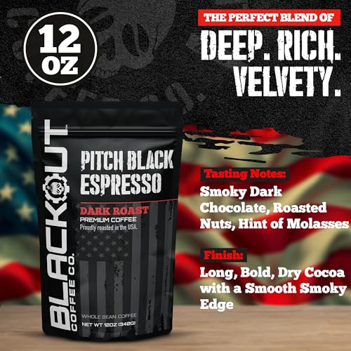 Blackout Coffee Pitch Black Espresso Whole Bean Coffee – Extra Dark Roast, European-Style, Powerfully Bold – Freshly Roasted 12oz Bag.