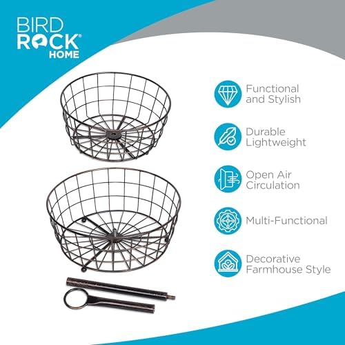 BIRDROCK HOME 3 Tier Wire Fruit Basket | Round Metal Standing Baskets | Fruit Vegetable Garlic Caddy | Freestanding Rustic Decorative Basket